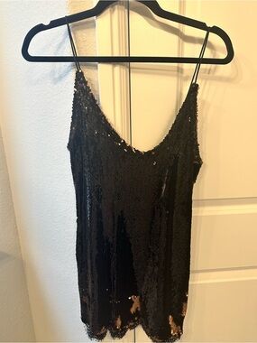 Free People Black/Bronze Sequin Mini Dress with Lace Detailing